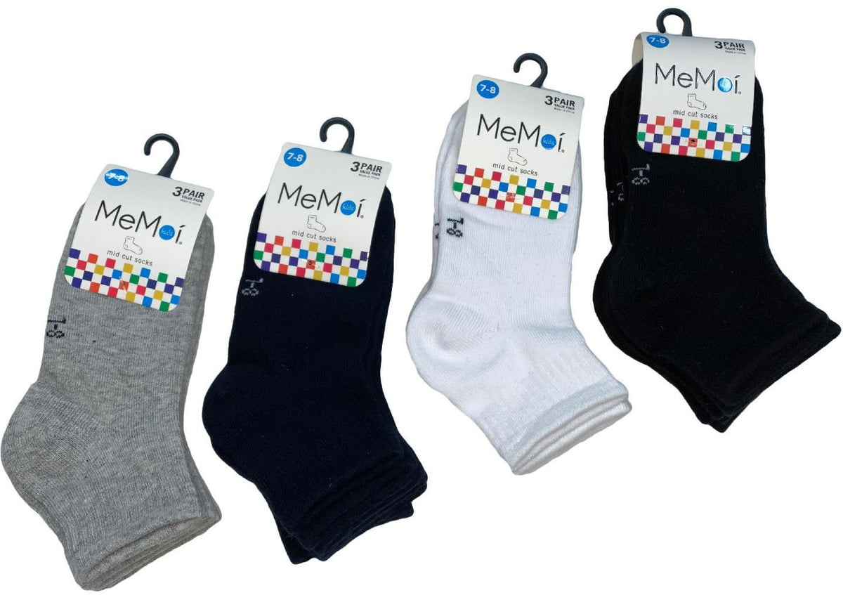 Memoi Kids 3 Pair Pack Mid Cut Cotton Blend Socks - Mk-563